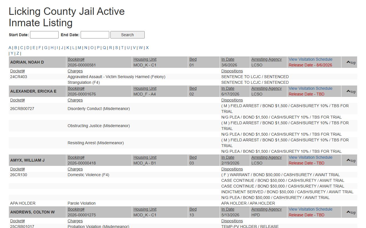 Licking County inmate population active jail roster record fields
